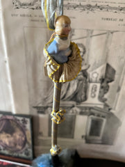 1920's Art Deco Feather Duster with Pierette Handle Blue Feathers and rosettes in original box made in Germany