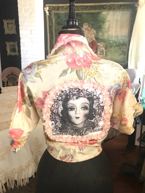 SOLD FLORAL 1940's Boudoir Doll Floral Sweetheart Bed Jacket Boudoir Queen as-is Velvet Blue Bows Original