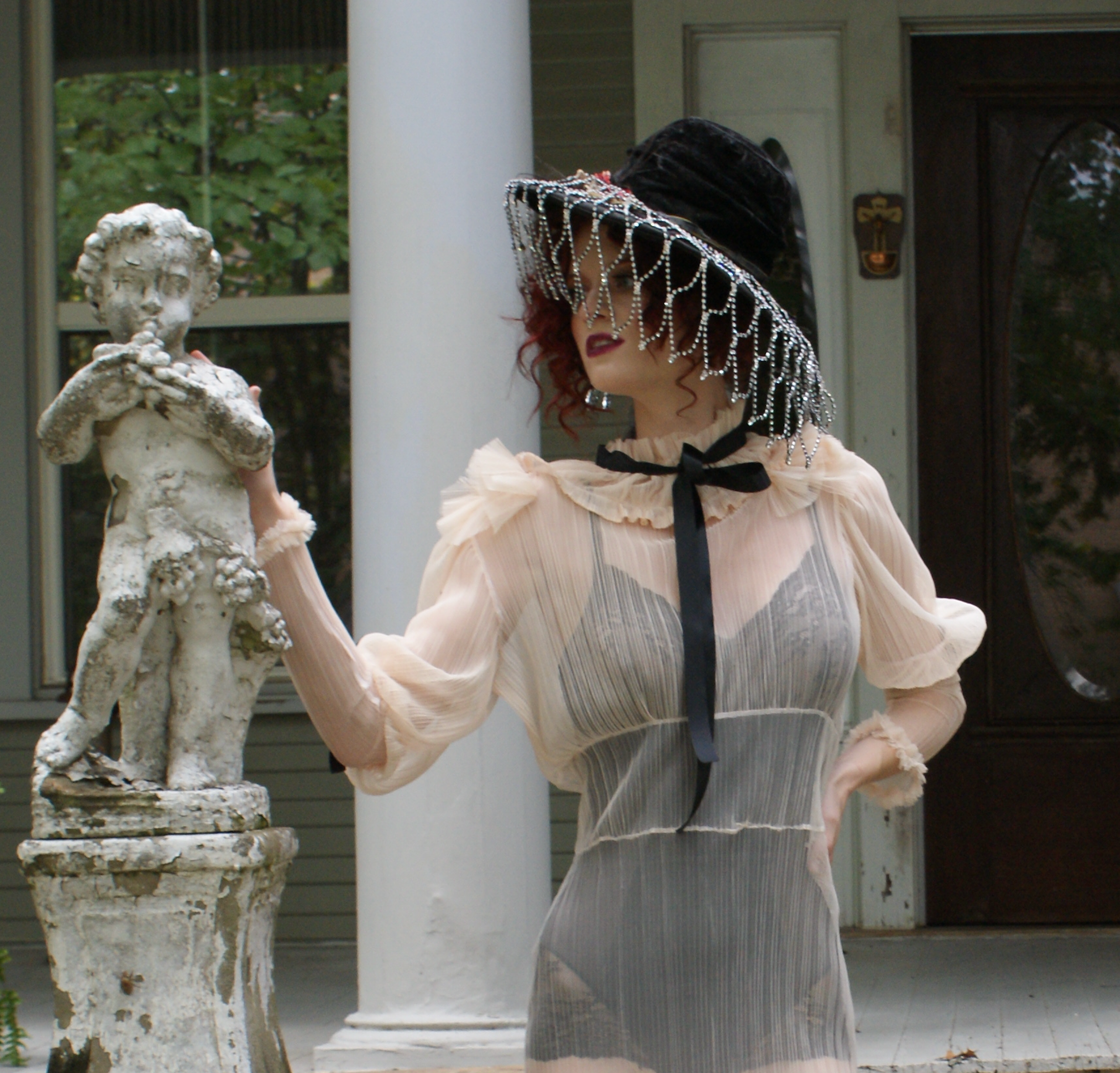 SOLD The Arrow Extended Version Dress Mutton Sleeve Black Satin Embellishments One of a Kind