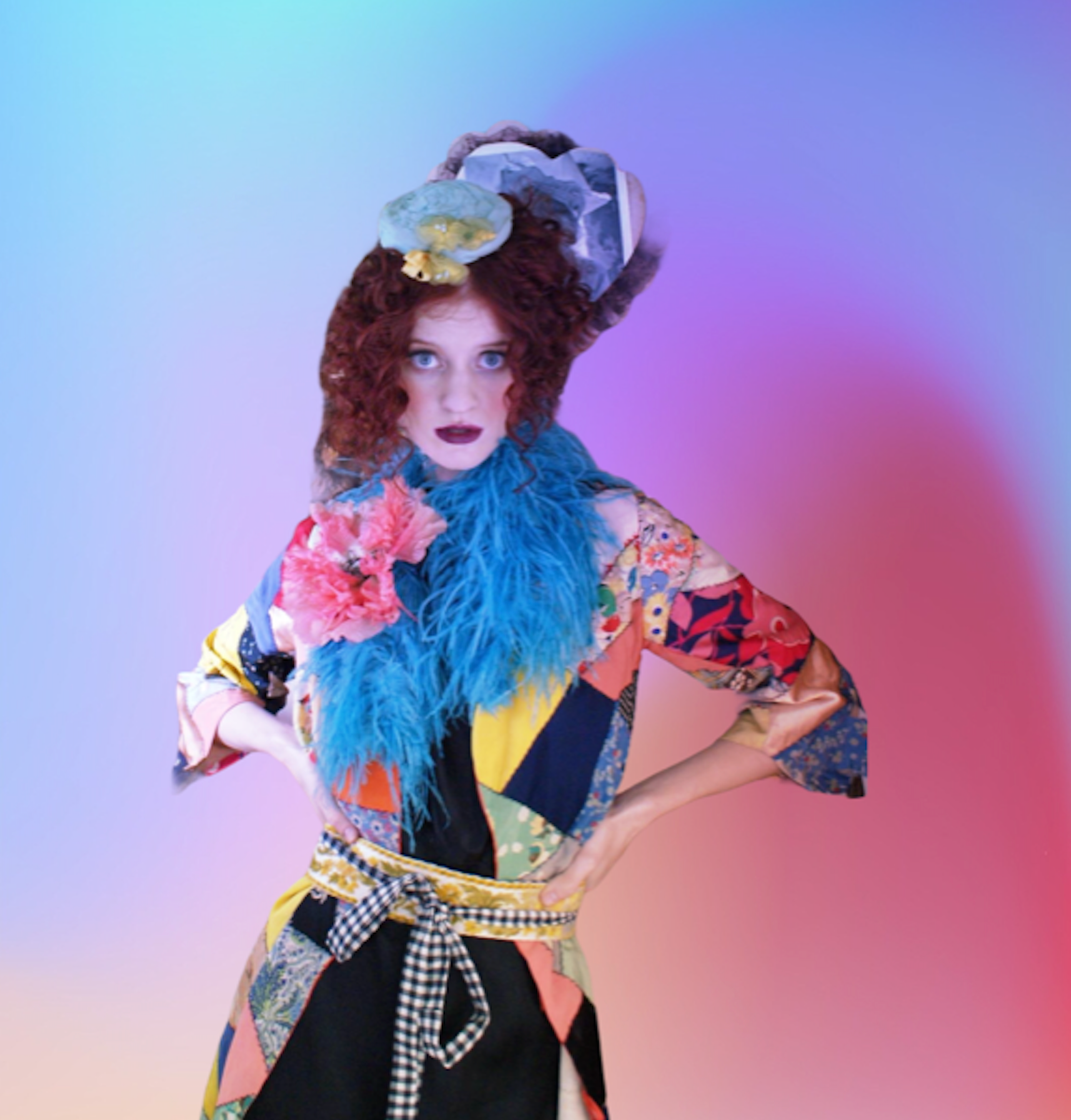SOLD Crazy Coat Authentic Art Deco Patchwork 20's Robe or Coat With Ostrich Feathers and Giant Poppy Floral Gingham belt included as-is repaired