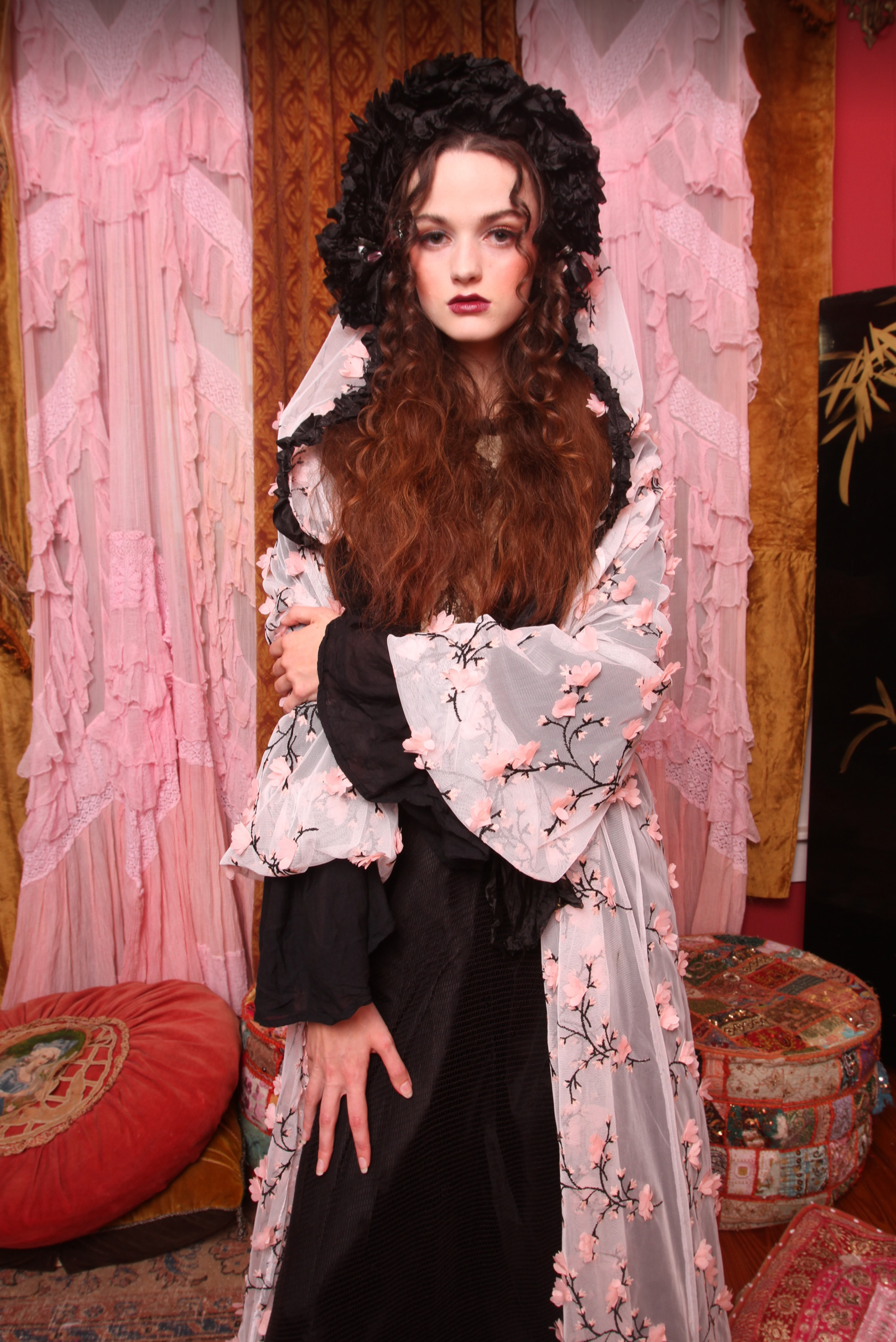 Cherry Blossom Hooded Jacket with Victorian Tissue Silk Ruff Trim