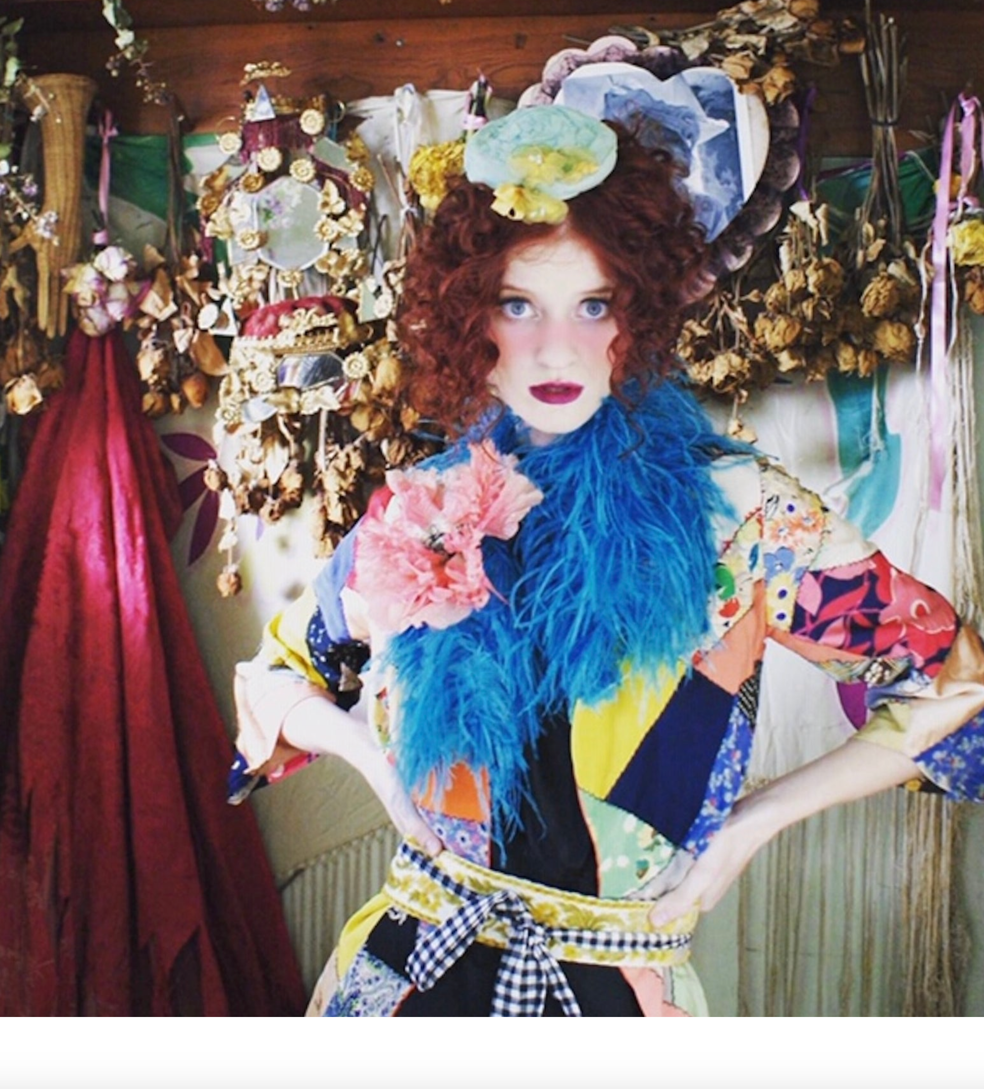 SOLD Crazy Coat Authentic Art Deco Patchwork 20's Robe or Coat With Ostrich Feathers and Giant Poppy Floral Gingham belt included as-is repaired