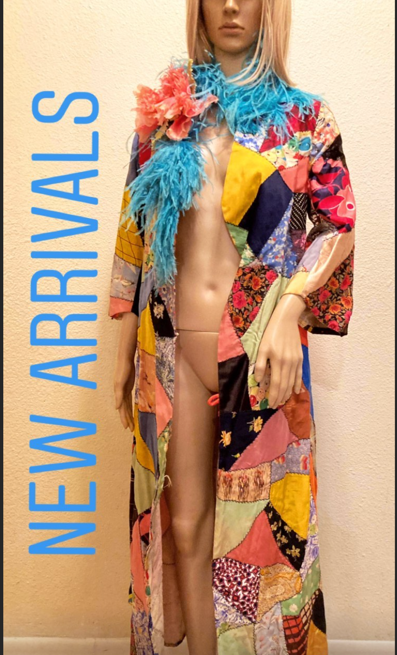 SOLD Crazy Coat Authentic Art Deco Patchwork 20's Robe or Coat With Ostrich Feathers and Giant Poppy Floral Gingham belt included as-is repaired