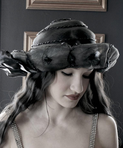 Reduced Boardwalk Empire Antique Edwardian 19th Century Black Mourning Woven Horse Hair Hat with silk Bow Jet beading