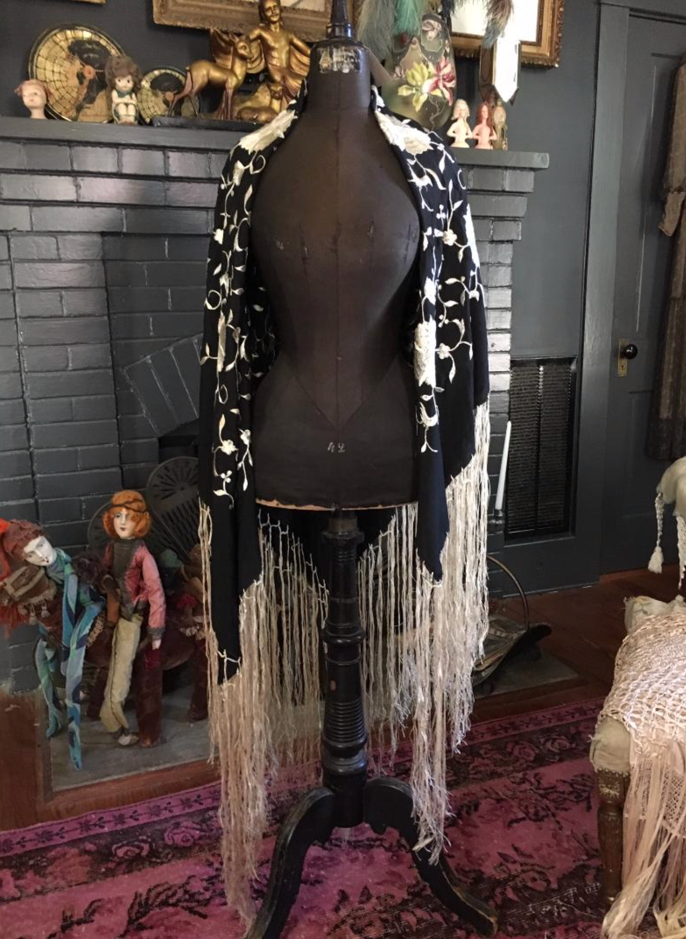 Deco Pola Negri Style Black and Cream Authentic Piano Shawl Statement Wearable or Decor