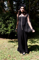 SOLD BOOM Elizabeth Taylor Inspired 1970's or earlier Vintage Black Evening Gown Batwinged Lace and Rhinestone Sleeve Dress