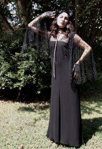 SOLD BOOM Elizabeth Taylor Inspired 1970's or earlier Vintage Black Evening Gown Batwinged Lace and Rhinestone Sleeve Dress