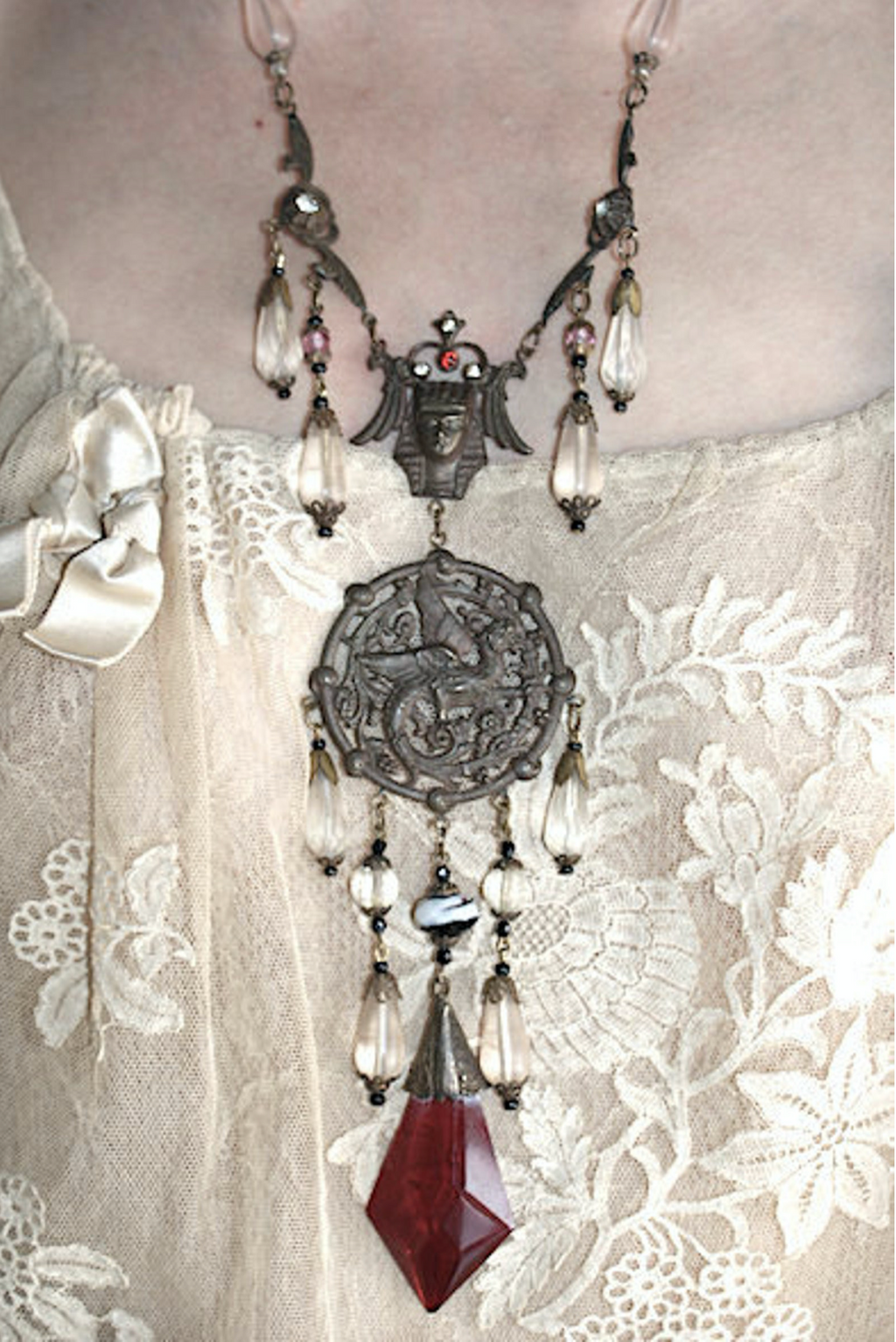 SOLD Stunning 20's Egyptian Revival Repousse Dragon RED Czech dangle frosted crystal bead Necklace King Tut Face