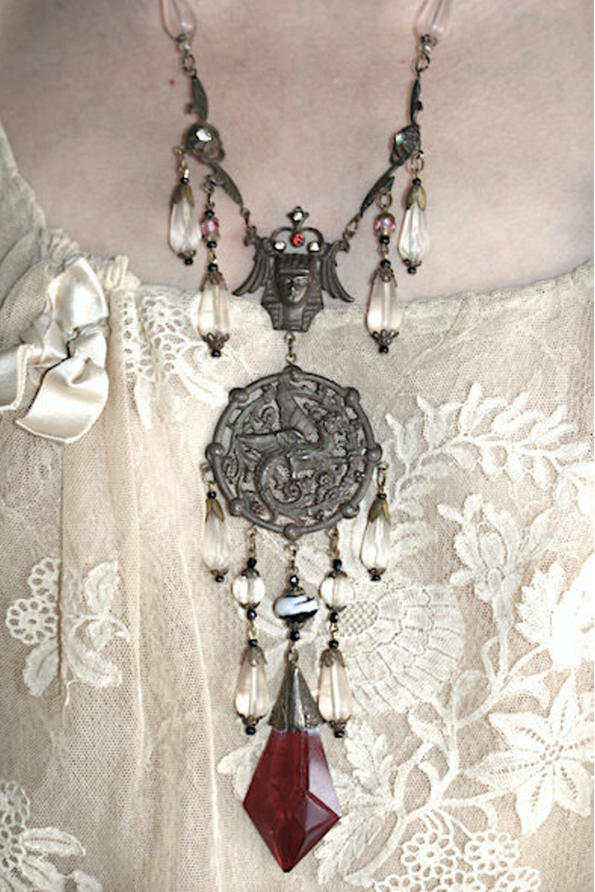 SOLD Stunning 20's Egyptian Revival Repousse Dragon RED Czech dangle frosted crystal bead Necklace King Tut Face