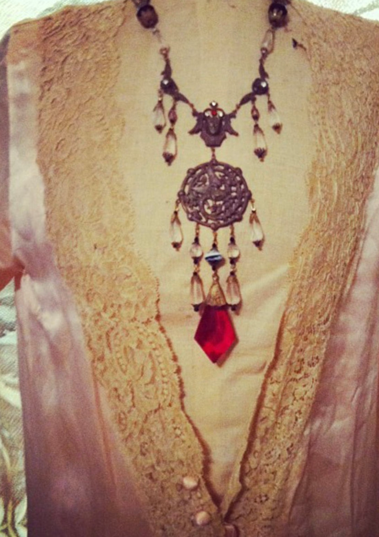 SOLD Stunning 20's Egyptian Revival Repousse Dragon RED Czech dangle frosted crystal bead Necklace King Tut Face
