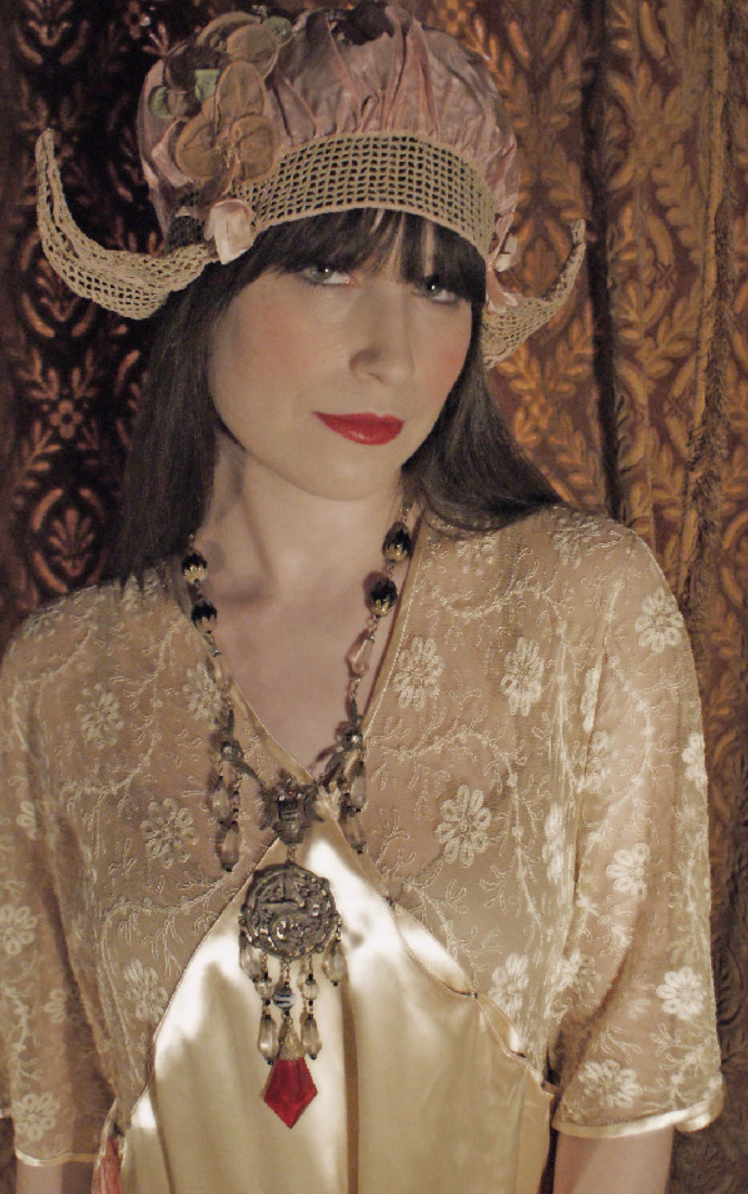 SOLD Stunning 20's Egyptian Revival Repousse Dragon RED Czech dangle frosted crystal bead Necklace King Tut Face