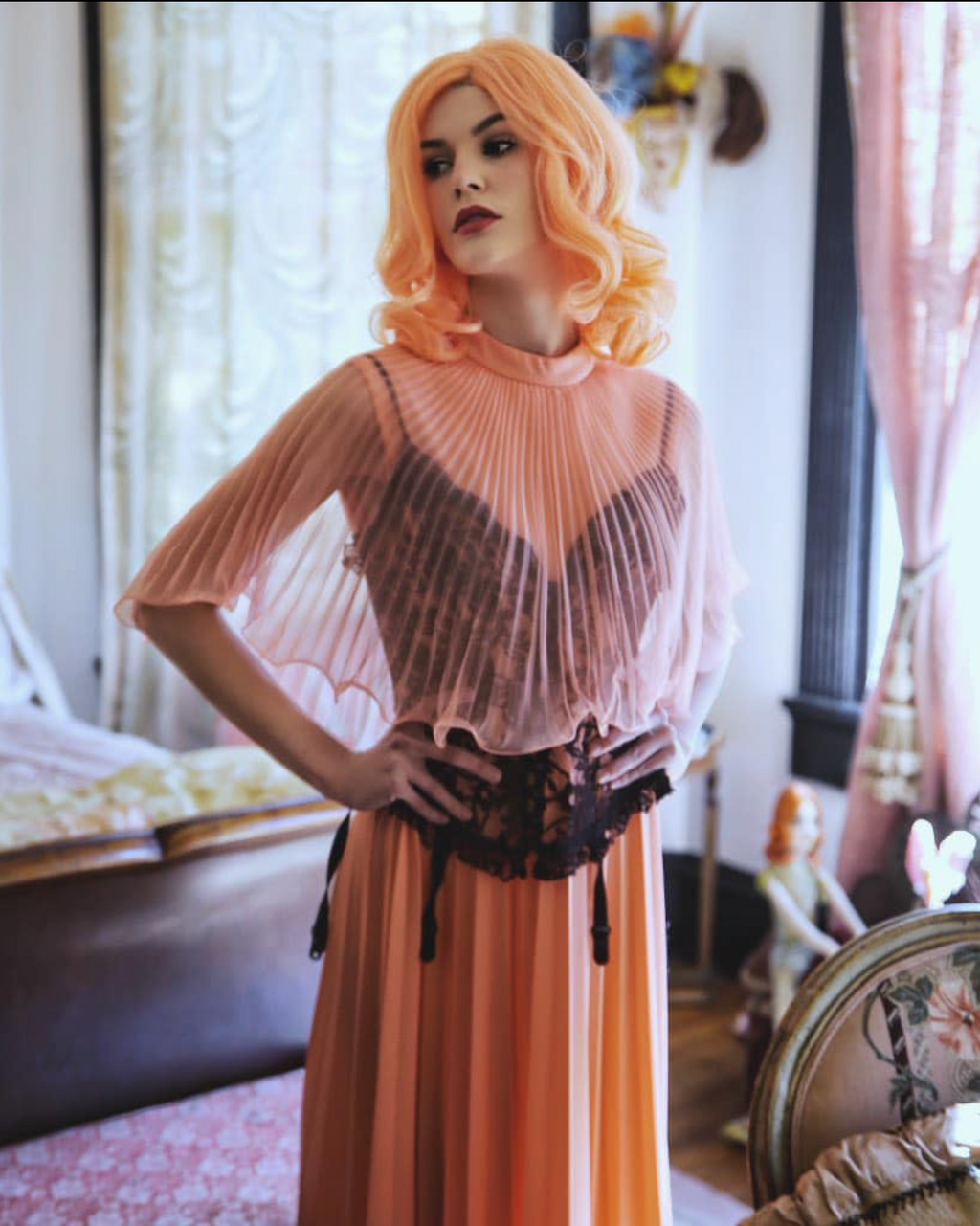 PROM Gown 1970's Accordion Pleat Maxi Dress Vintage Coral