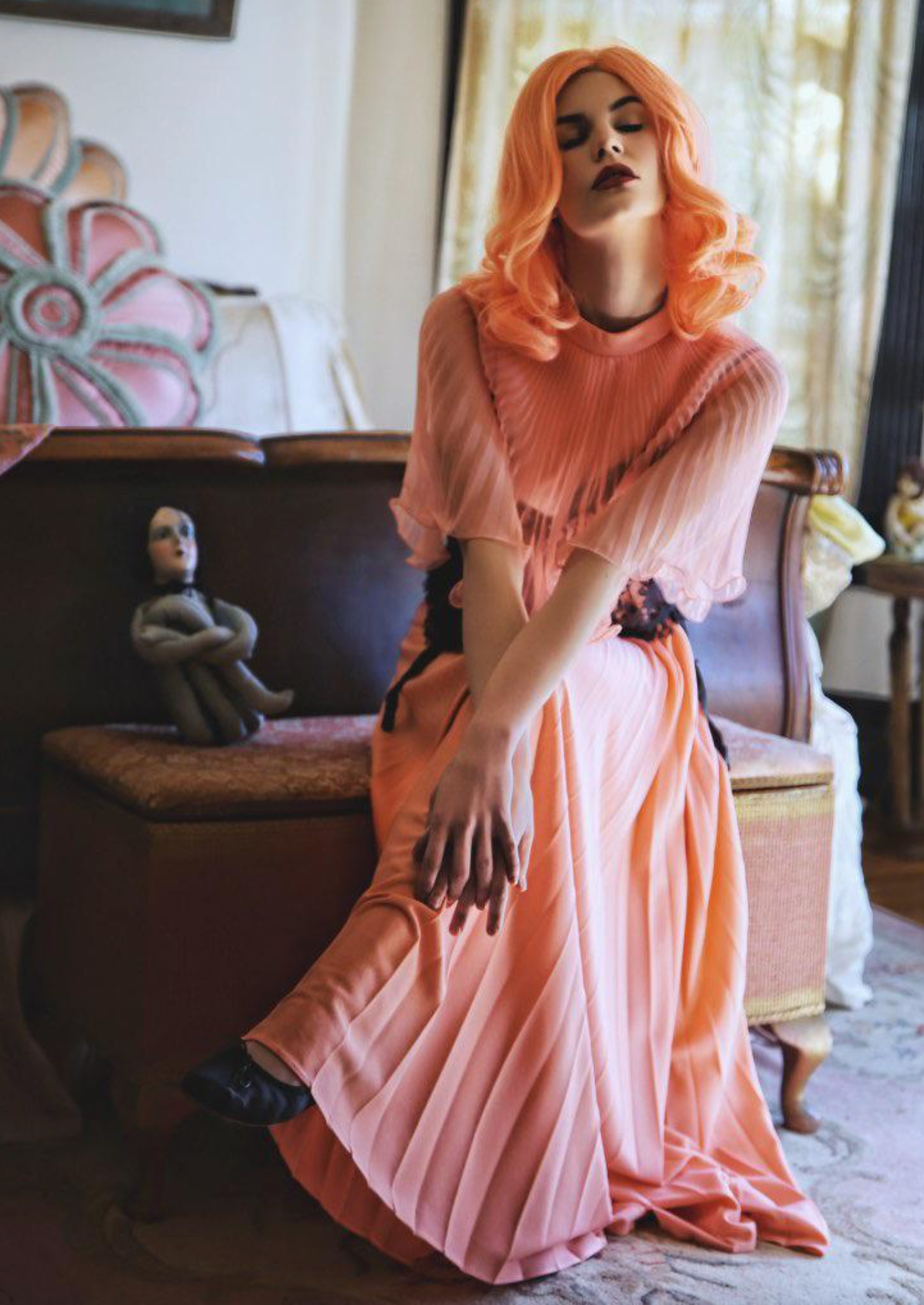 PROM Gown 1970's Accordion Pleat Maxi Dress Vintage Coral