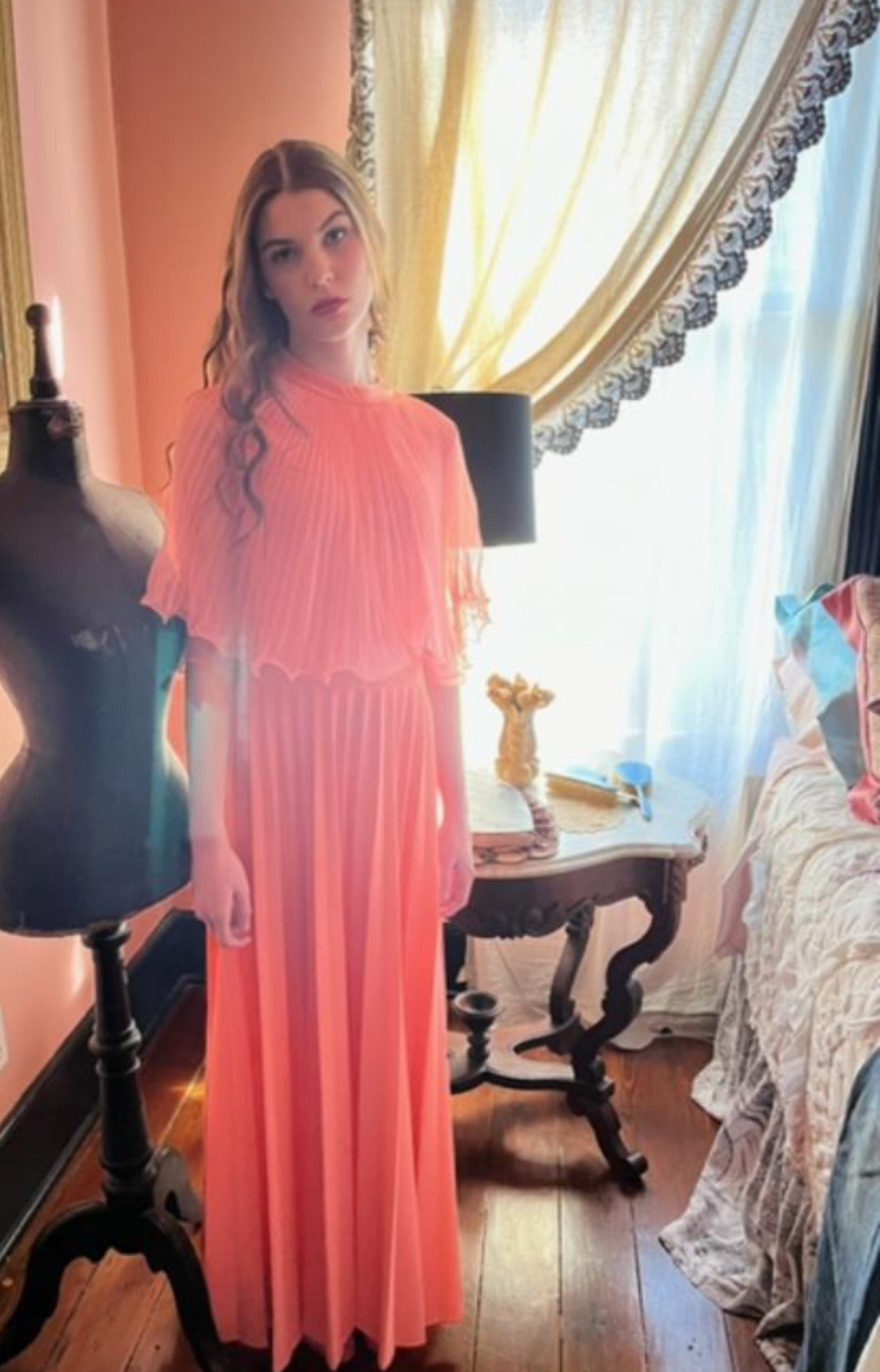 PROM Gown 1970's Accordion Pleat Maxi Dress Vintage Coral