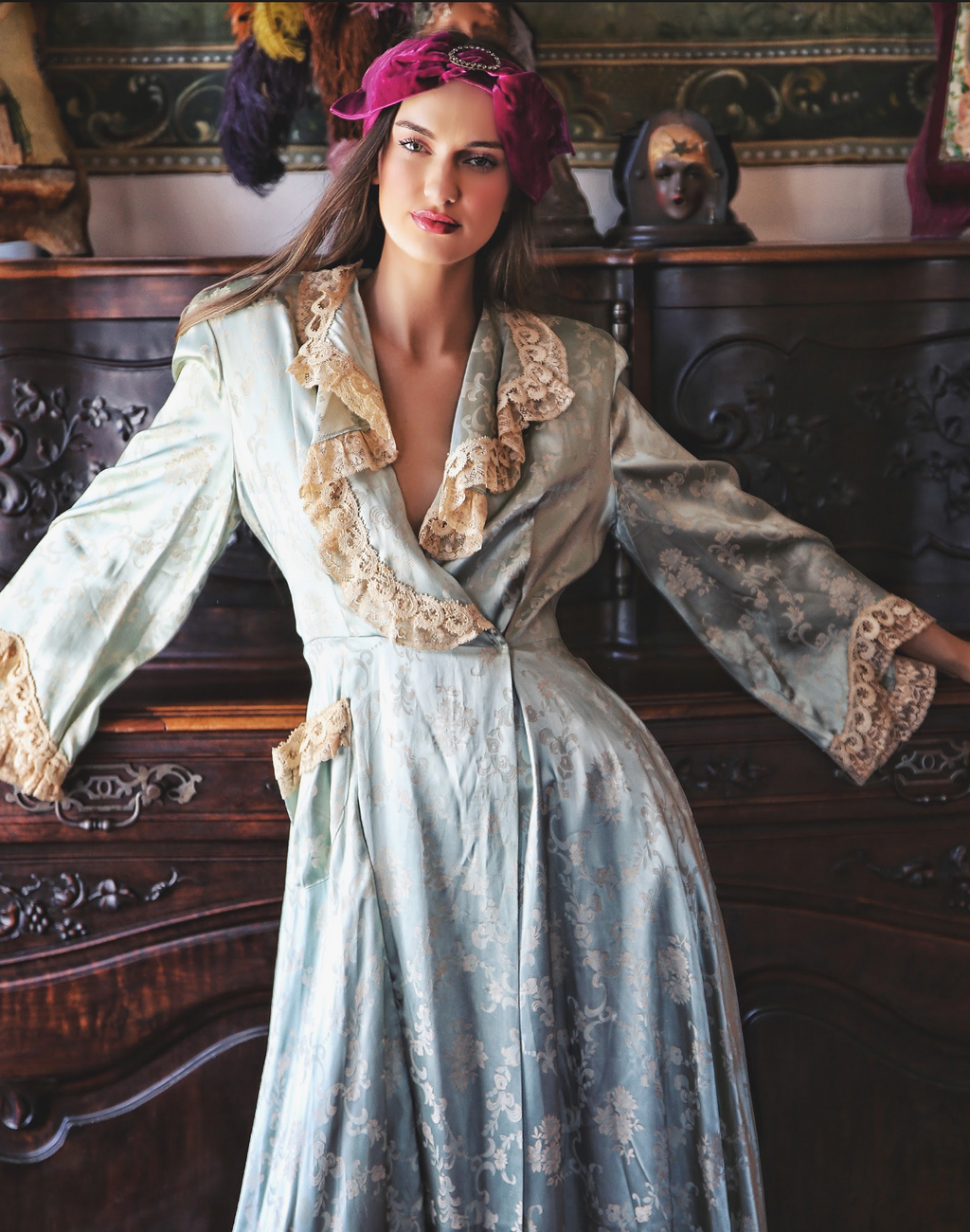 Sea Foam Green Hostess Gown Robe Satin Brocade and old lace unusual late 30's 40's