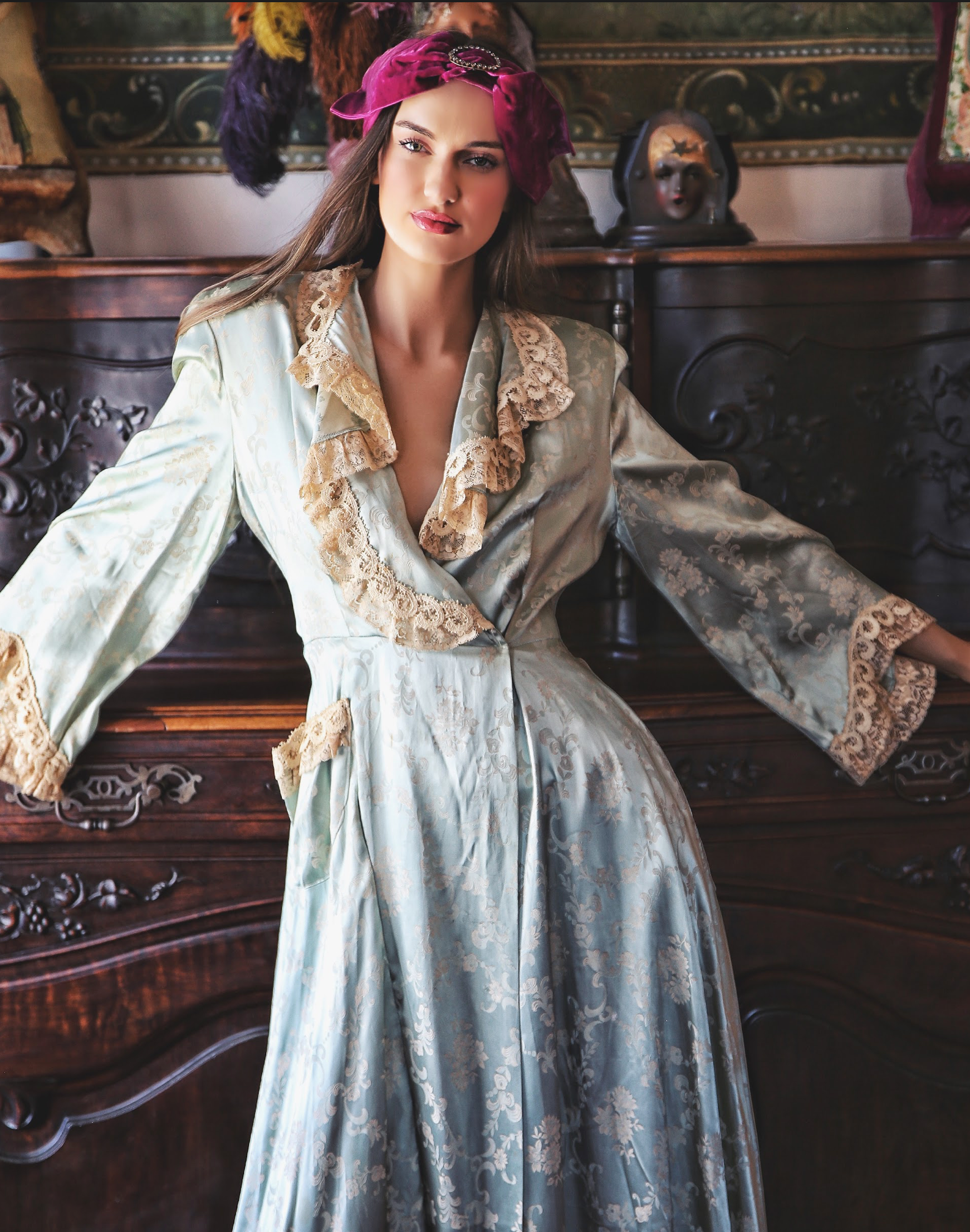 Sea Foam Green Hostess Gown Robe Satin Brocade and old lace unusual late 30's 40's
