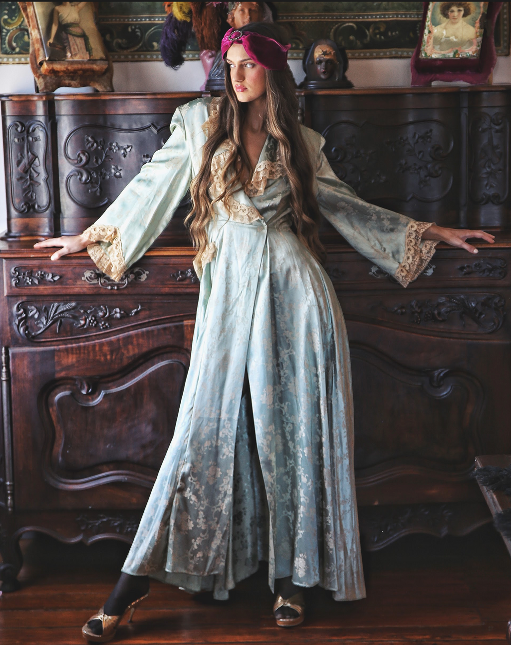 Sea Foam Green Hostess Gown Robe Satin Brocade and old lace unusual late 30's 40's