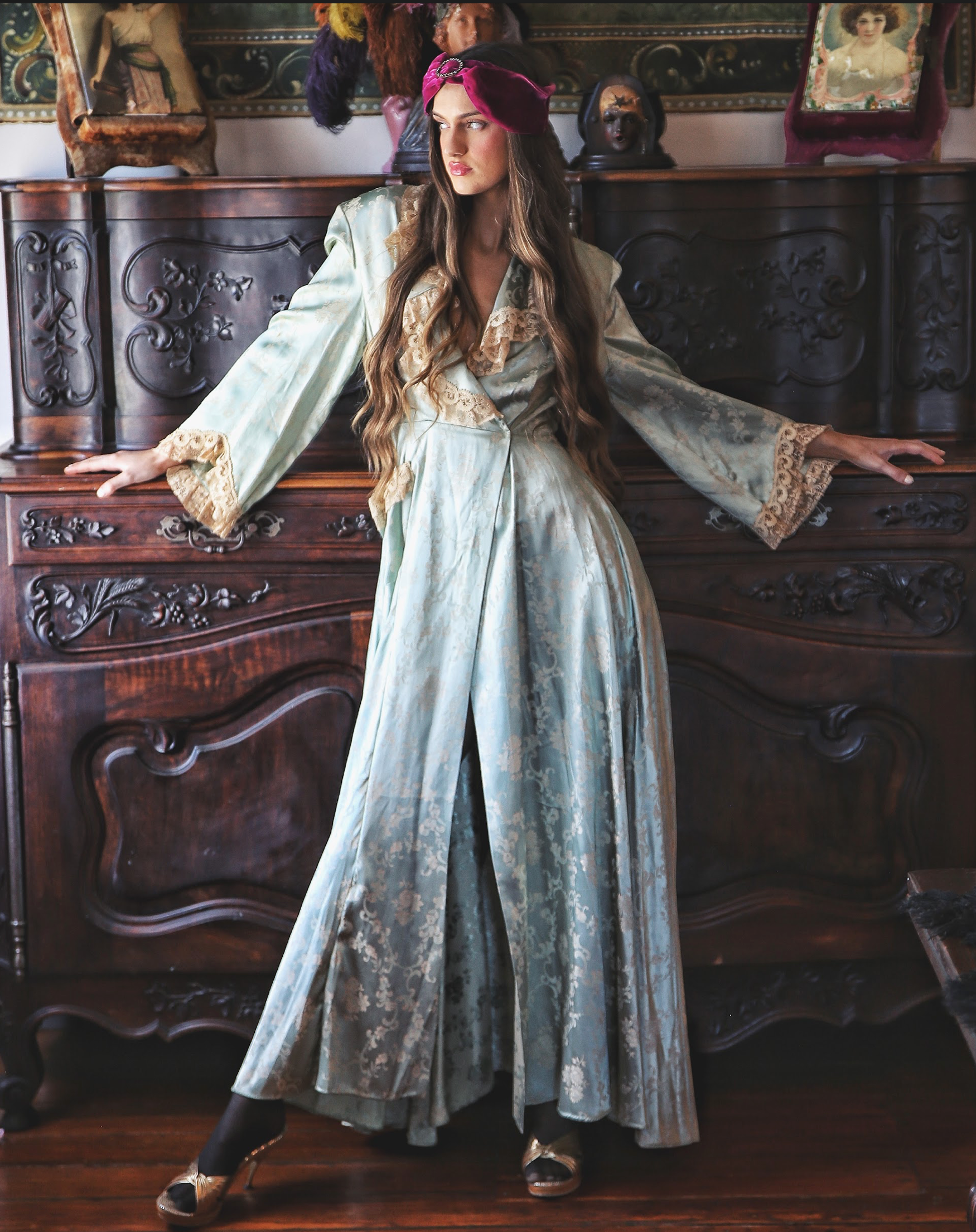 Sea Foam Green Hostess Gown Robe Satin Brocade and old lace unusual late 30's 40's