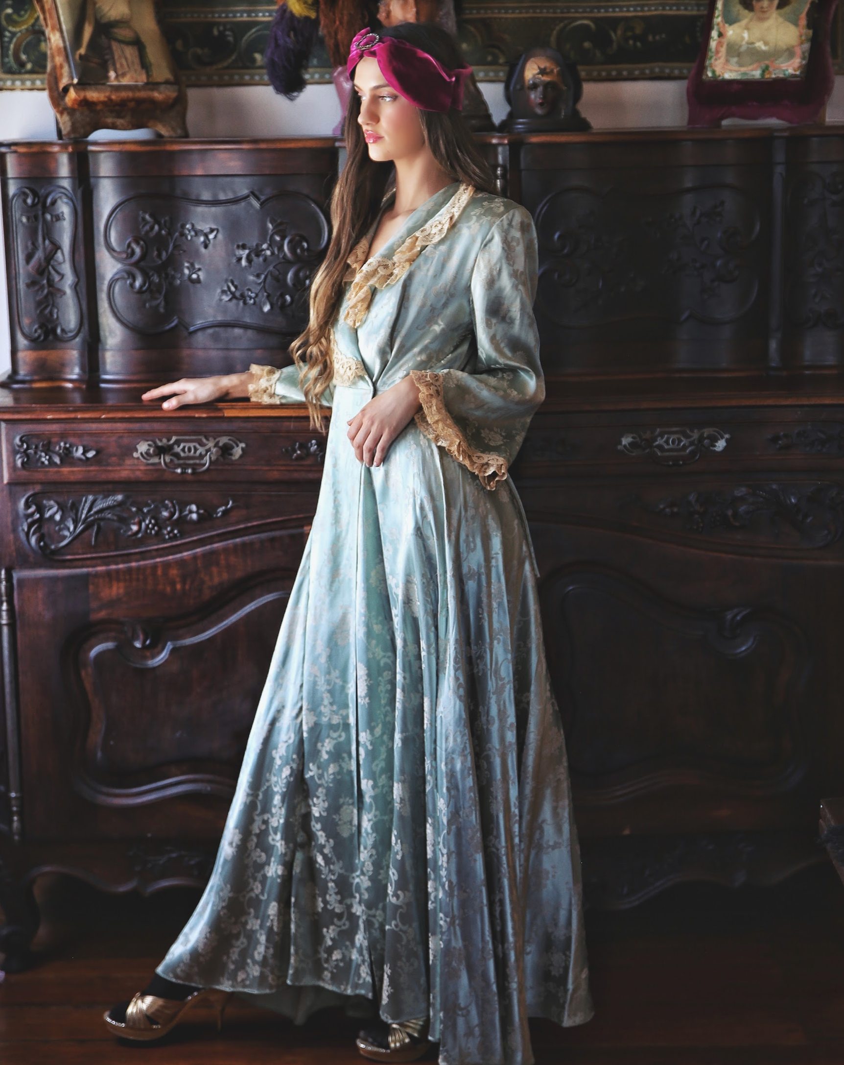 Sea Foam Green Hostess Gown Robe Satin Brocade and old lace unusual late 30's 40's