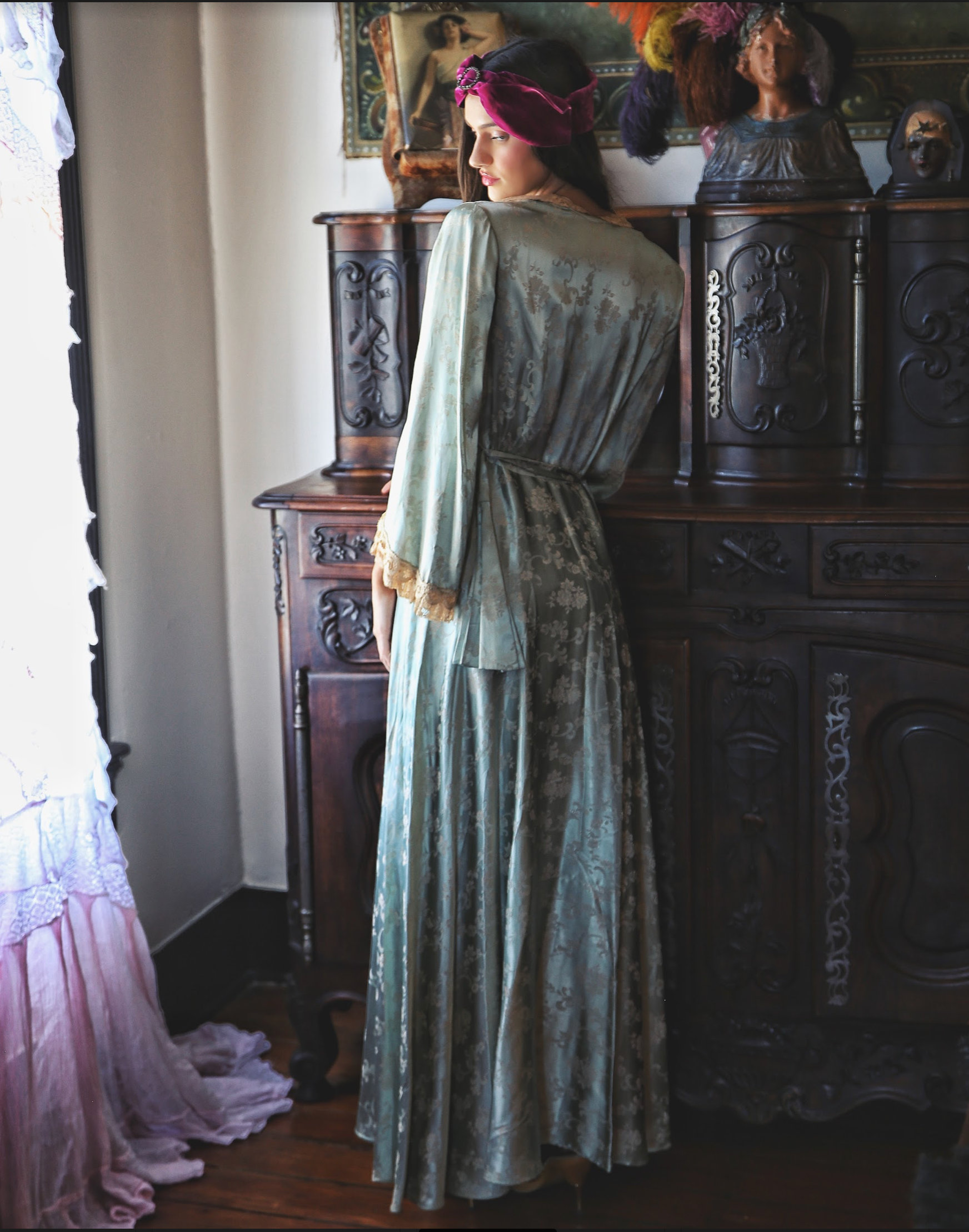 Sea Foam Green Hostess Gown Robe Satin Brocade and old lace unusual late 30's 40's