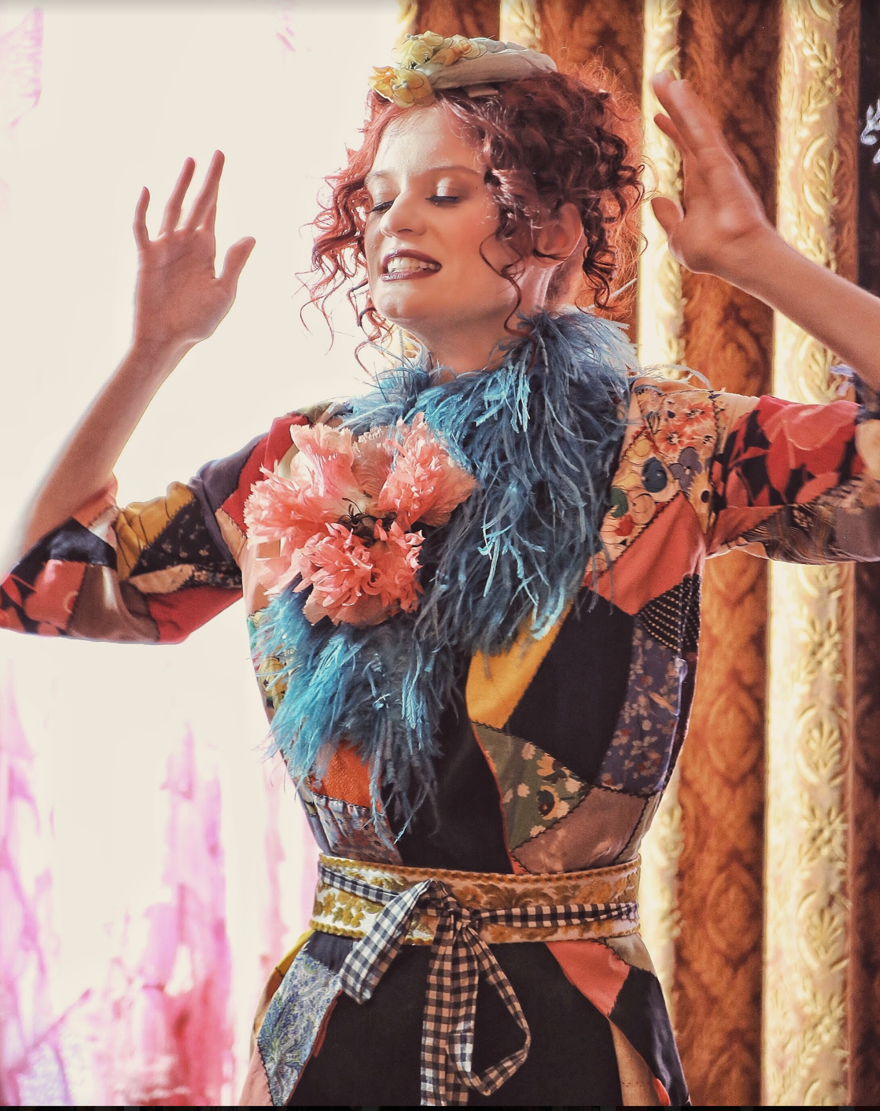 SOLD Crazy Coat Authentic Art Deco Patchwork 20's Robe or Coat With Ostrich Feathers and Giant Poppy Floral Gingham belt included as-is repaired
