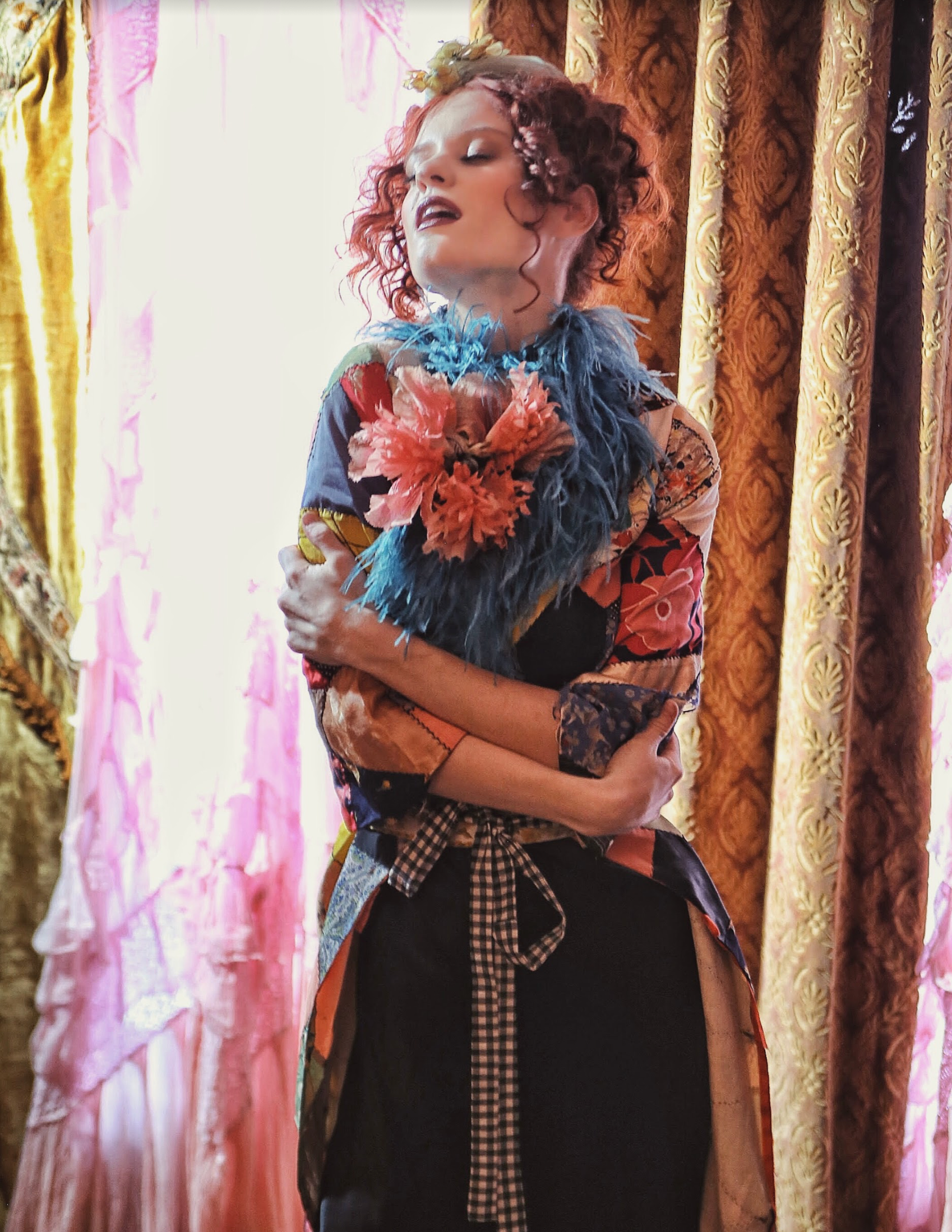 SOLD Crazy Coat Authentic Art Deco Patchwork 20's Robe or Coat With Ostrich Feathers and Giant Poppy Floral Gingham belt included as-is repaired